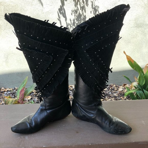 Vintage Black Leather Fringe Cowboy Boots - Picture 2 of 6